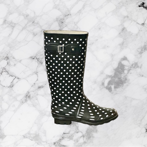 NWOT! NORTY BLACK AND WHITE POLKADOT HURRICANE WELLIE RAIN BOOTS - Picture 3 of 4